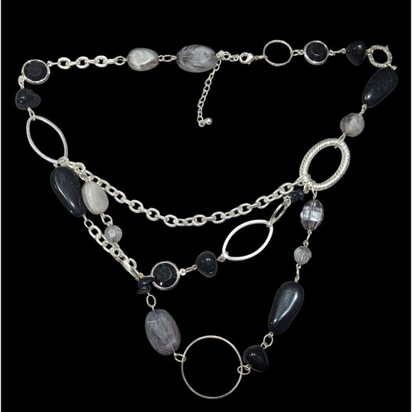 Black And Grey Beaded Layered Chain Necklace - Picture 2 of 5